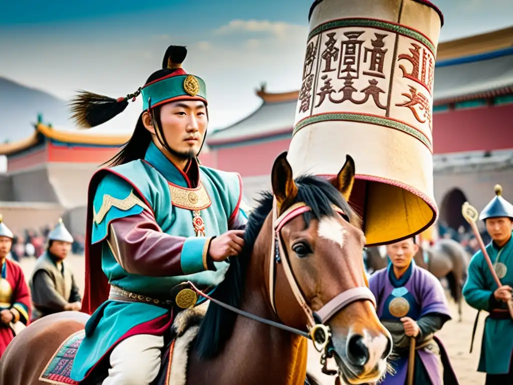 Un mensajero mongol entrega un pergamino sellado en una bulliciosa ciudad medieval