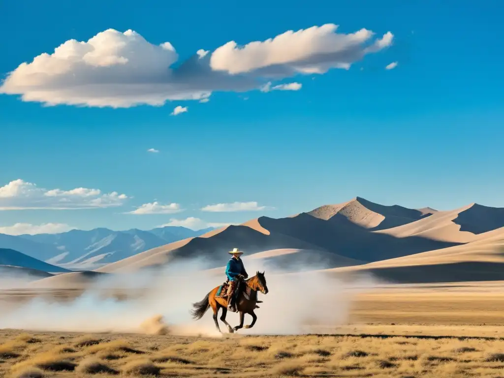 Un mensajero mongol cabalga veloz en un vasto paisaje, evocando el Sistema de mensajería en el Imperio Mongol