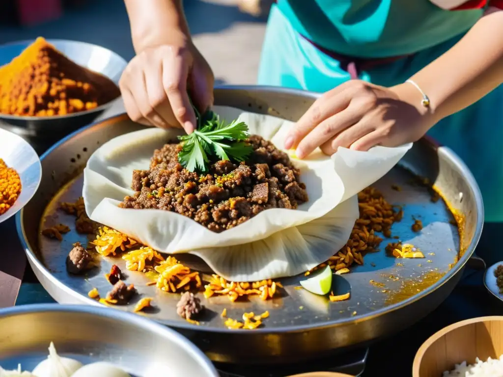 Un mercado al aire libre en Mongolia, donde se prepara un plato tradicional con destreza