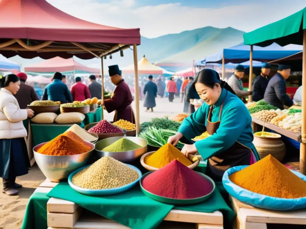 Mercado al aire libre en Asia, con vendedores ofreciendo ingredientes y especias