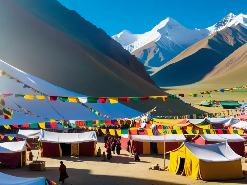 Mercado animado en la frontera tibetano-mongol, con monjes tibetanos y comerciantes mongoles compartiendo en un escenario de montañas nevadas