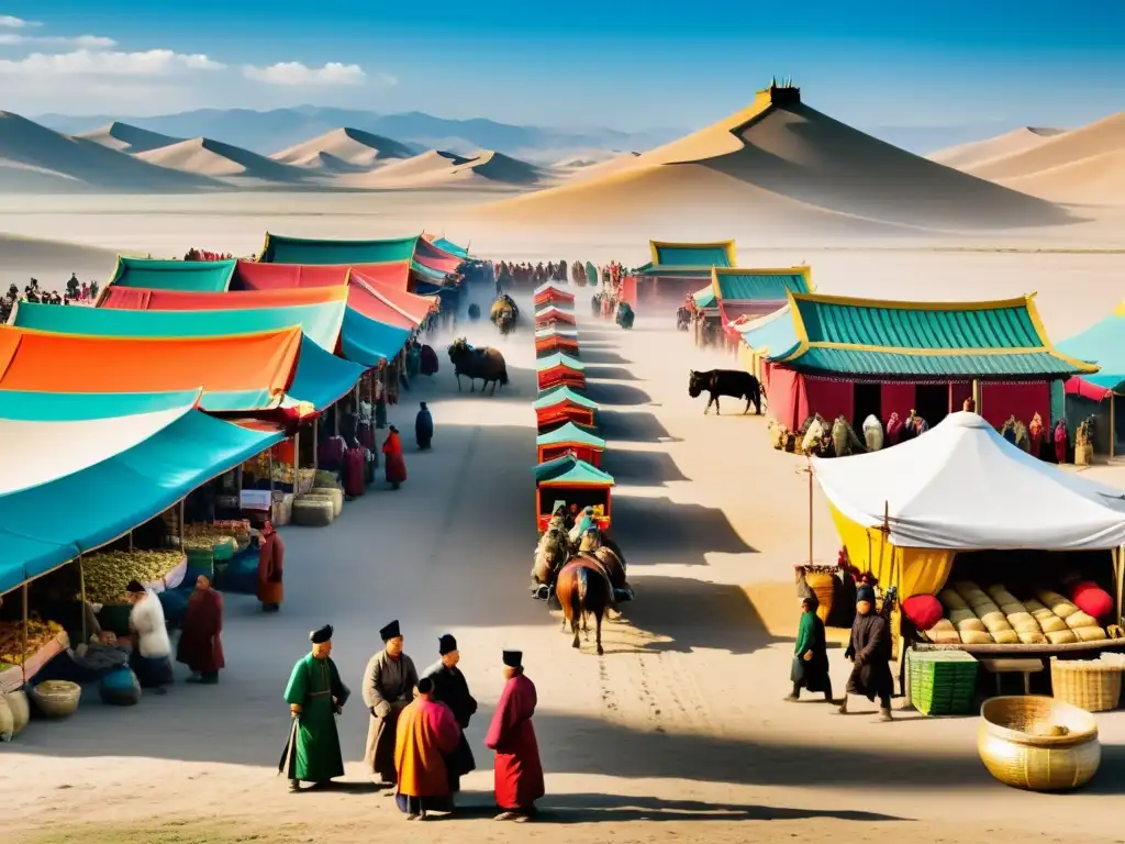 Mercado bullicioso en la antigua Mongolia y moderno comercio electrónico, conectando el comercio mongol y ecommerce en una imagen vibrante y atemporal