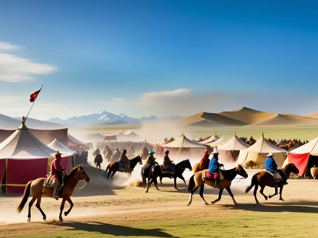 Mercado bullicioso en la antigua Mongolia, con comerciantes regateando bienes y ganado bajo coloridas banderas al viento