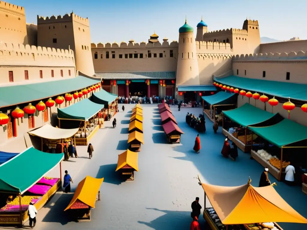 Mercado bullicioso en una ciudad histórica del Imperio Mongol en la Ruta de la Seda, con comerciantes y productos de todo el mundo