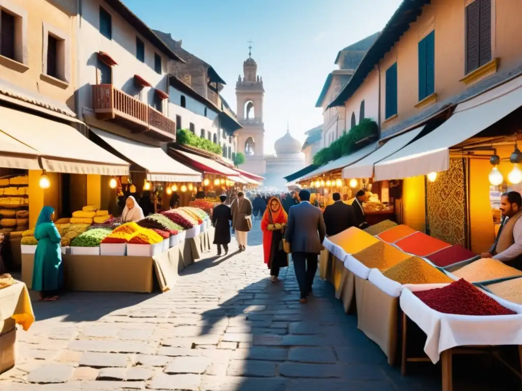 Mercado bullicioso en una ciudad histórica, con vendedores de textiles y especias de todo el mundo