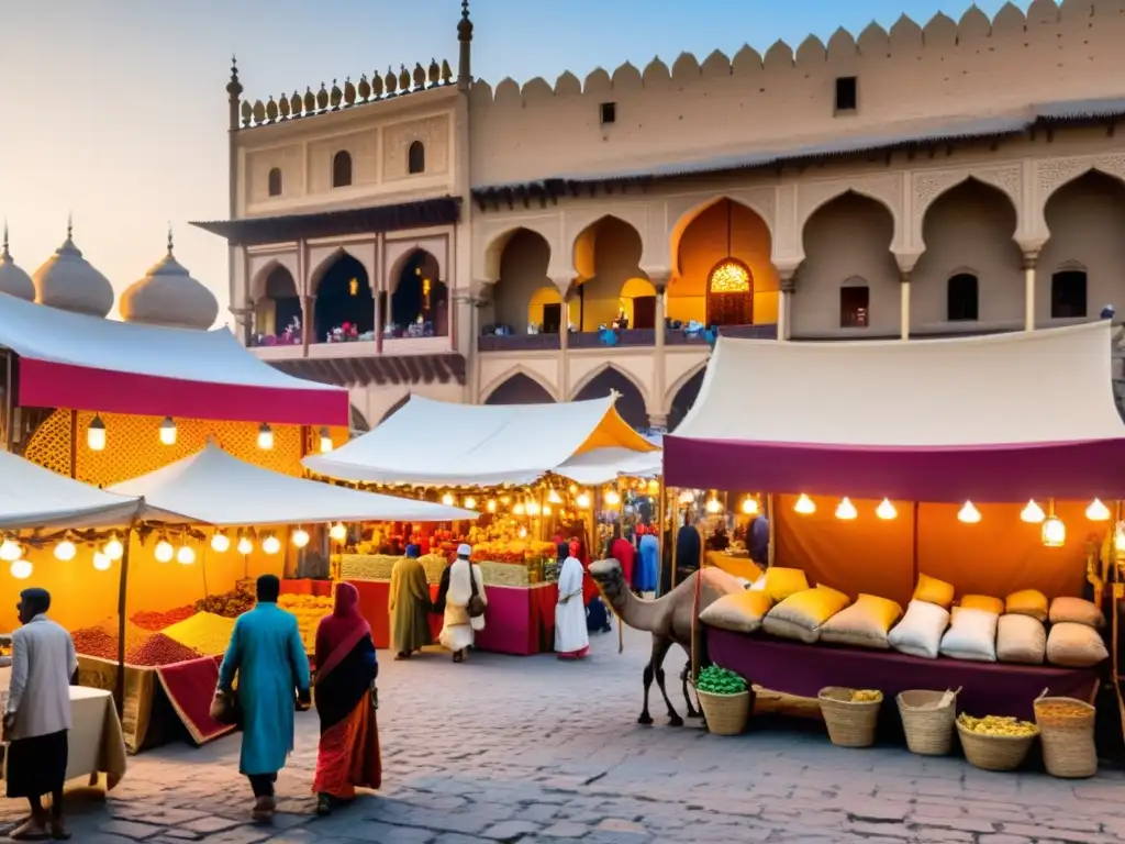 Mercado bullicioso en ciudad histórica, con puestos coloridos y mercaderes de todo el mundo