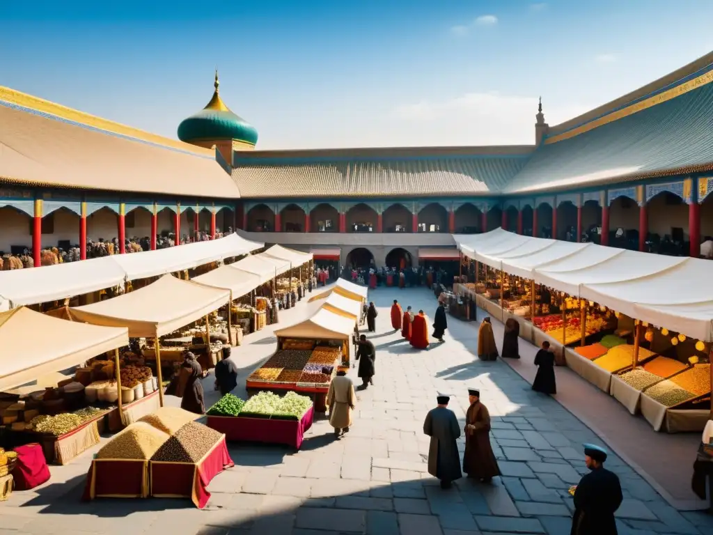 Un mercado bullicioso en una ciudad medieval, con mercaderes negociando bienes de todo el mundo