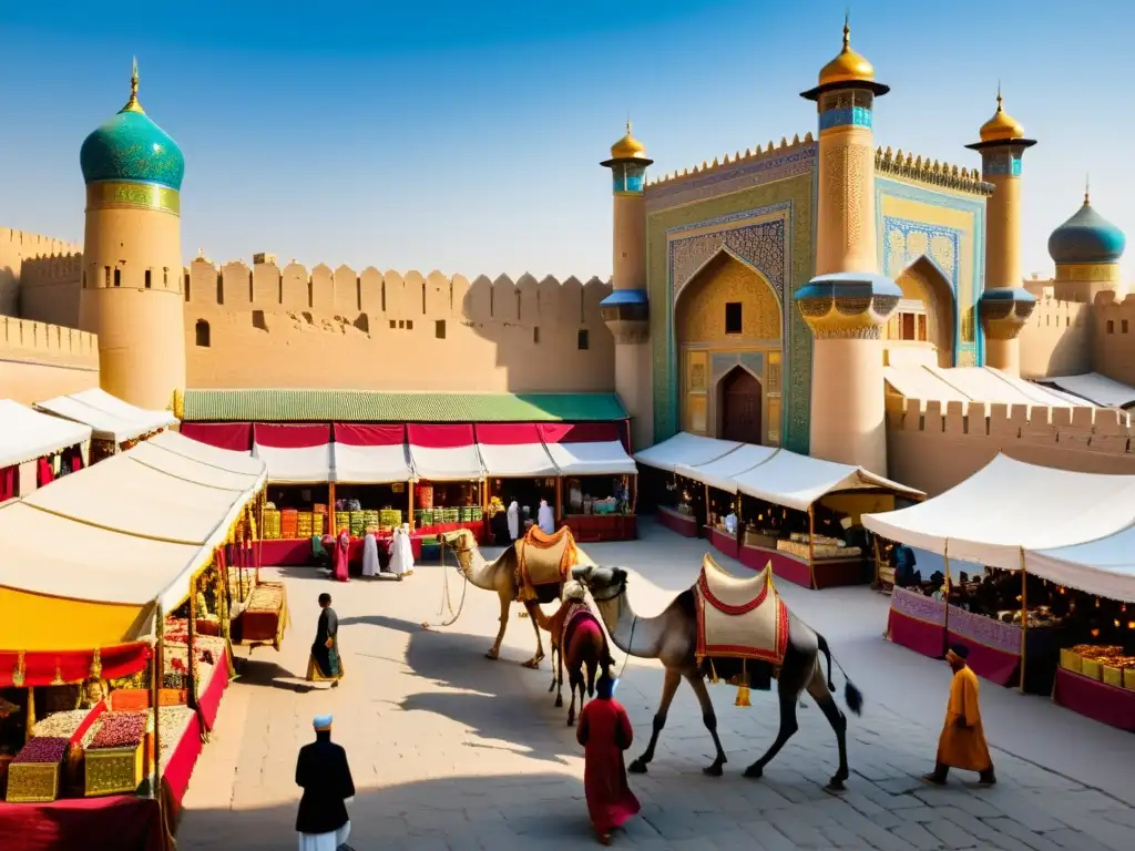 Mercado bullicioso en una ciudad medieval de la Ruta de la Seda bajo Mongol, con comerciantes y exoticas mercancías de todo el mundo conocido