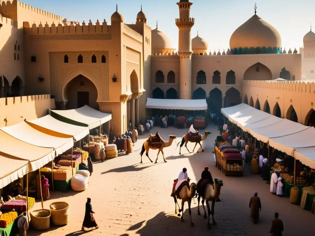 Mercado bullicioso en una ciudad medieval de Medio Oriente, con comerciantes y camellos en las concurridas calles