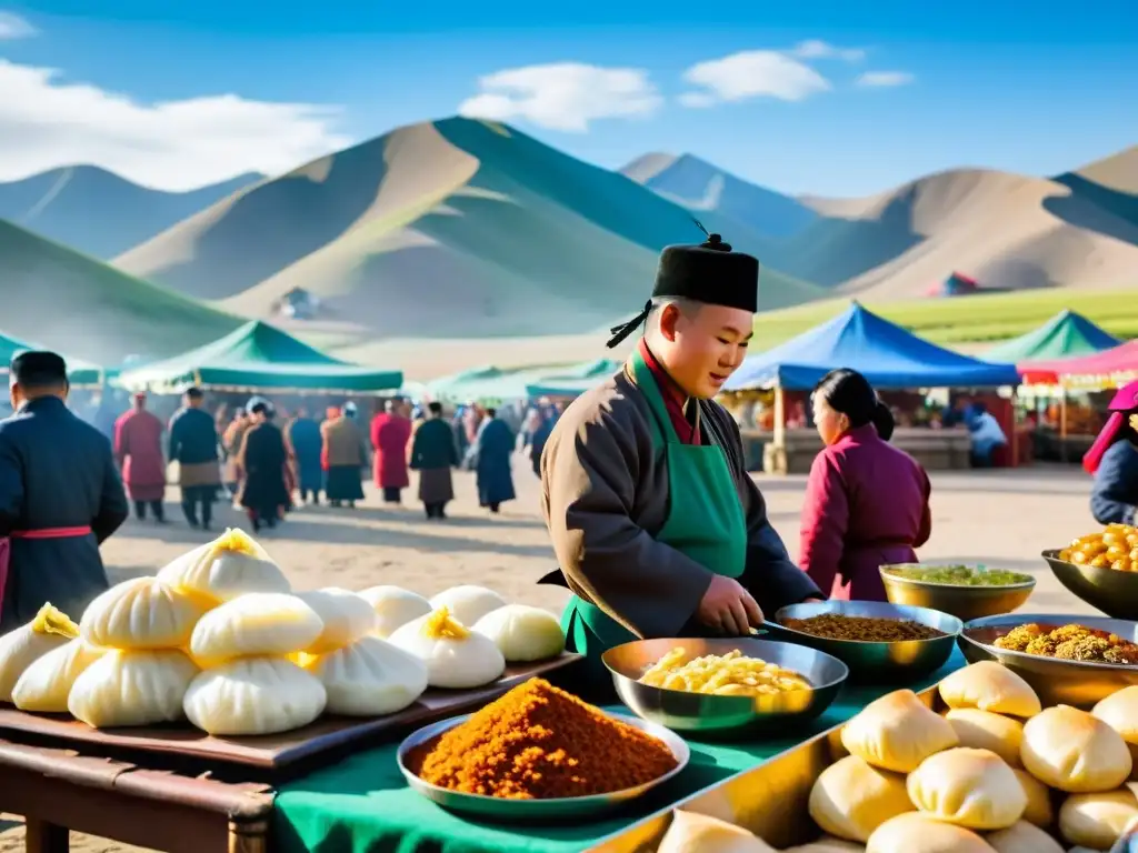 Mercado bullicioso de comida mongola con platos tradicionales como buuz, khuushuur y tsuivan
