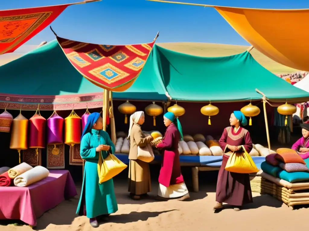 Mercado bullicioso en el corazón del Imperio Mongol, con mujeres comerciantes exhibiendo orgullosamente sus productos bajo coloridos toldos de seda