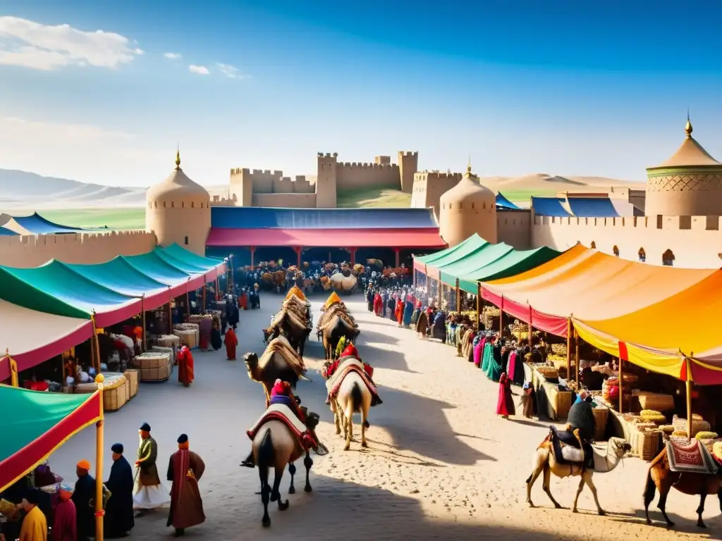 Mercado bullicioso del Imperio Mongol: influencia económica y fusión cultural en una ciudad medieval