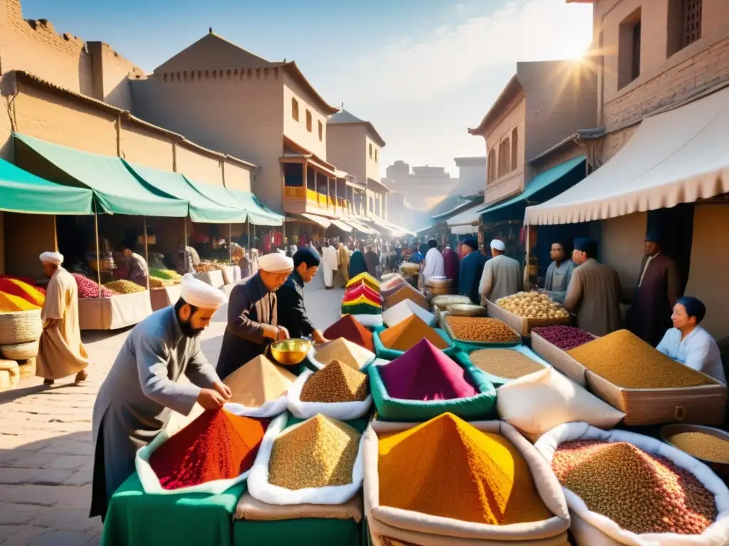 Un mercado bullicioso a lo largo de la antigua Ruta de la Seda, con influencia mongola en comercio global