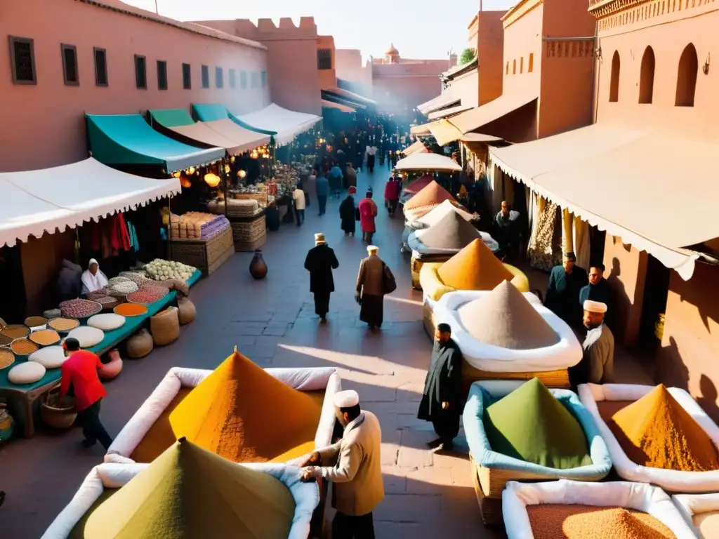 Un mercado bullicioso en Marrakech, Marruecos, lleno de colores y vida