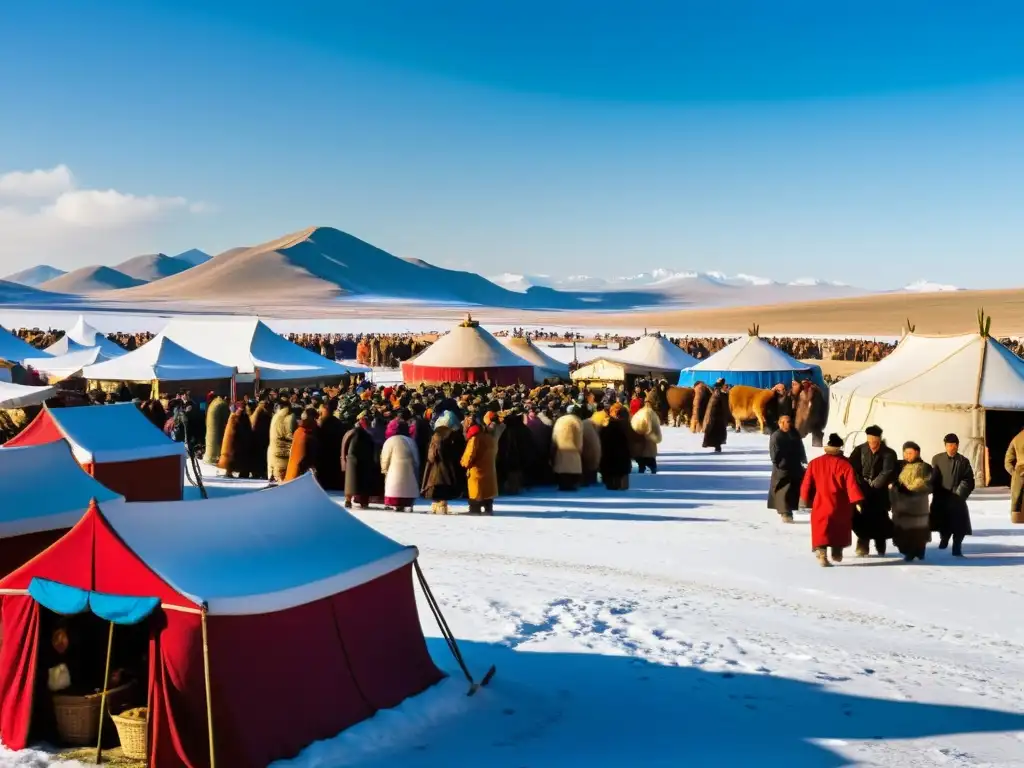 Mercado bullicioso en Mongolia, donde comerciantes de diversas religiones interactúan pacíficamente