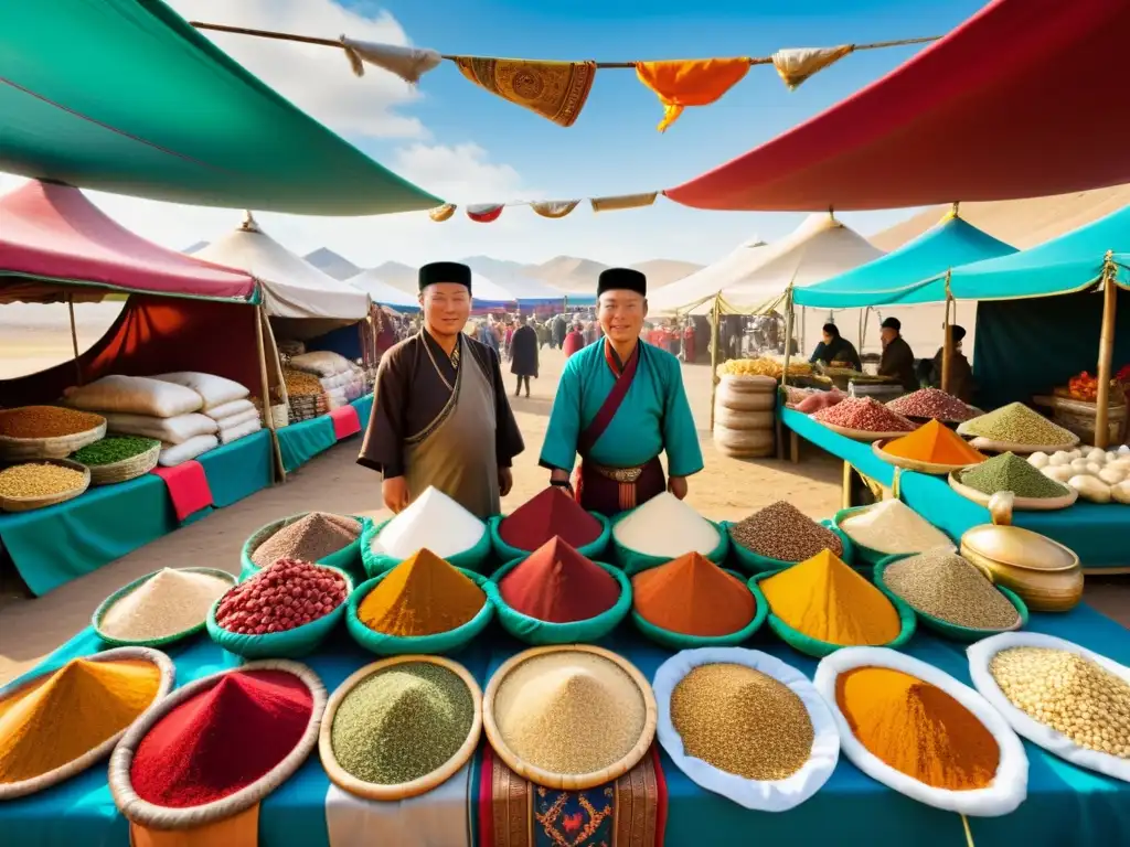 Mercado bullicioso en Mongolia con ingredientes tradicionales y adaptaciones contemporáneas de platos