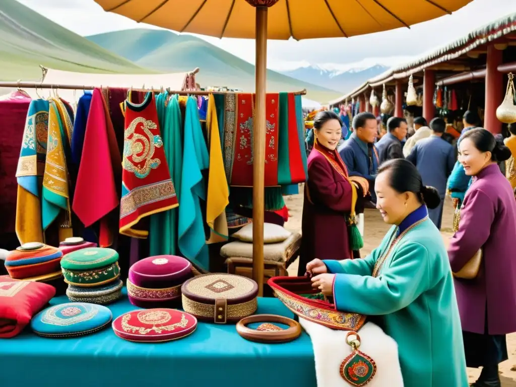 Un mercado bullicioso en Mongolia, donde se exhiben prendas tradicionales, alfombras con patrones intrincados y joyas ornamentadas