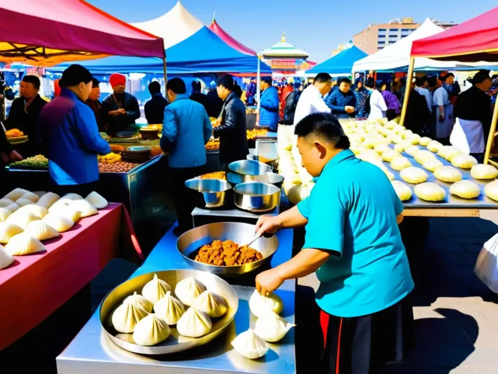 Un mercado bullicioso en Ulaanbaatar, Mongolia, donde chefs locales exhiben sabores mongoles en gastronomía oriental entre colores vibrantes y clientes curiosos