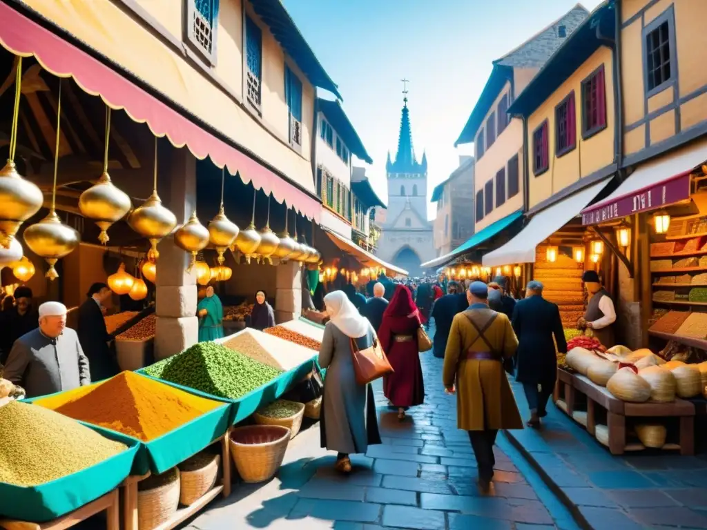 Mercado medieval bullicioso reflejando transformaciones comercio mundial postmongol, con comerciantes y arquitectura multicultural