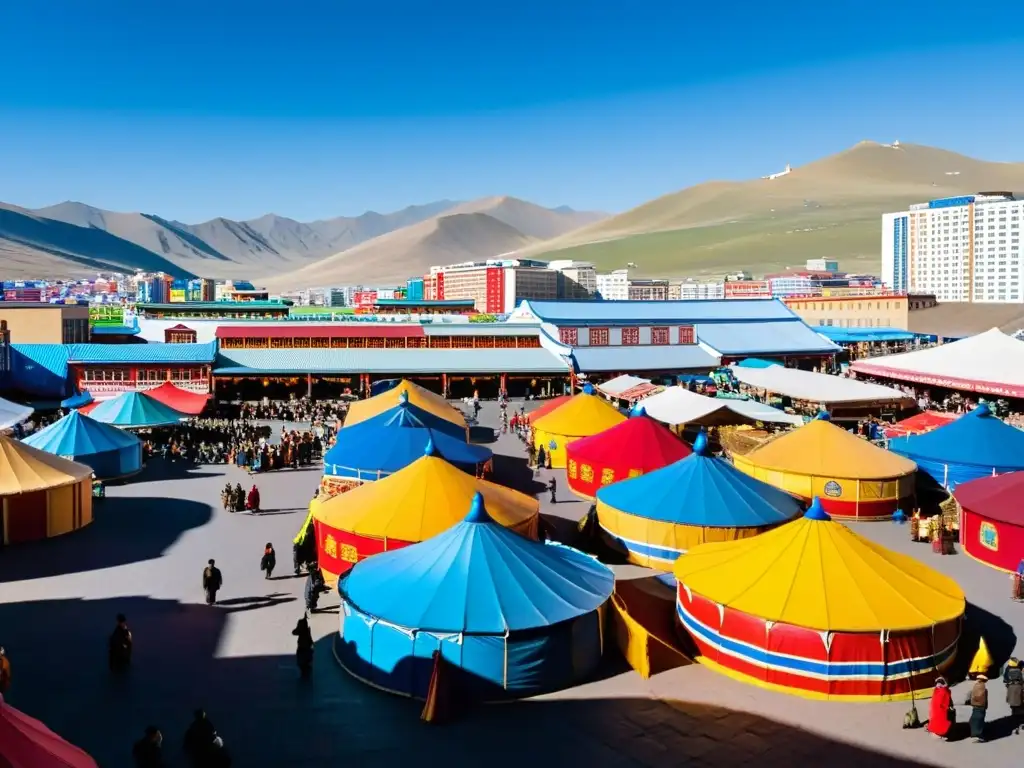 Mercado moderno en Ulaanbaatar, Mongolia, fusionando tradición y comercio contemporáneo entre yurtas coloreadas y rascacielos