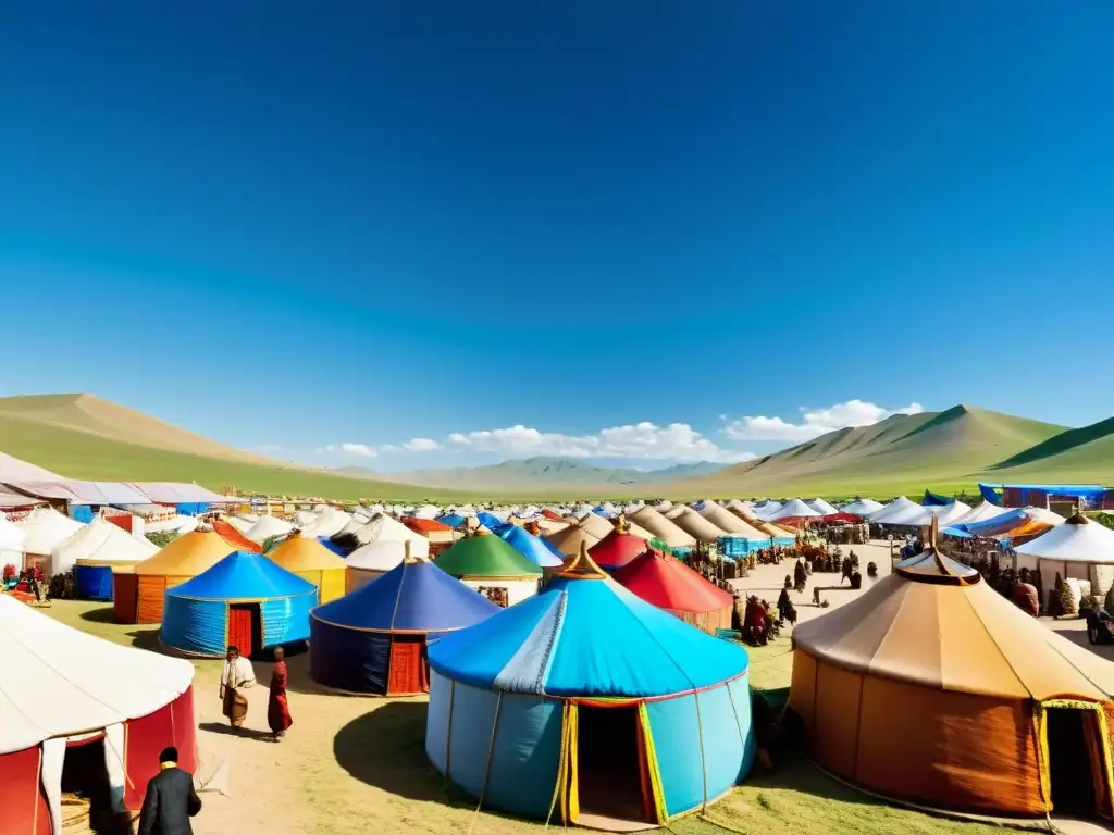 Un mercado mongol bullicioso con comerciantes negociando bienes de la Ruta de la Seda bajo un cielo azul