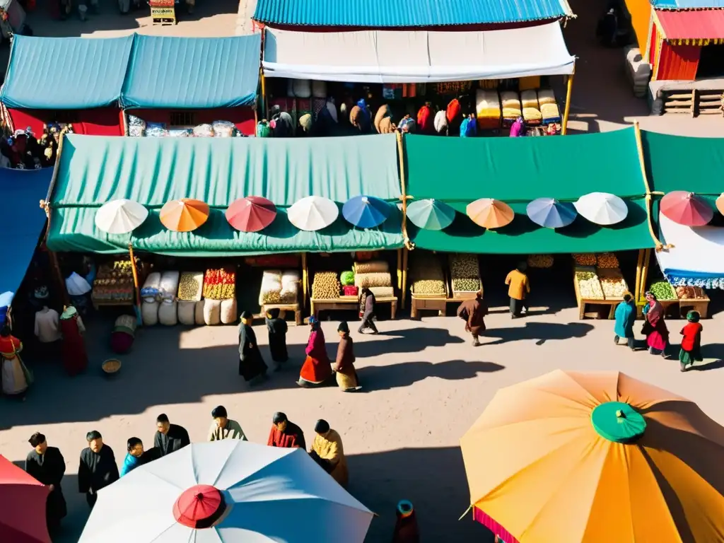 Un mercado mongol bullicioso con puestos coloridos vendiendo productos exóticos como seda y especias