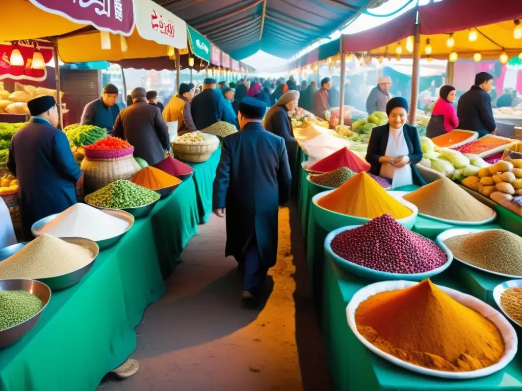 Mercado persa bullicioso con influencias externas en cocina mongola