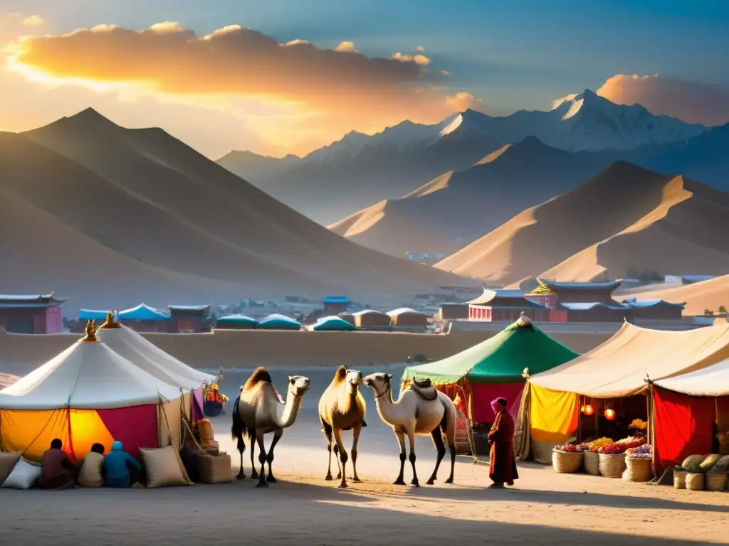 Mercado en Ruta de la Seda bajo dominio mongol, con comerciantes de diferentes culturas y camellos cargados de mercancías exóticas