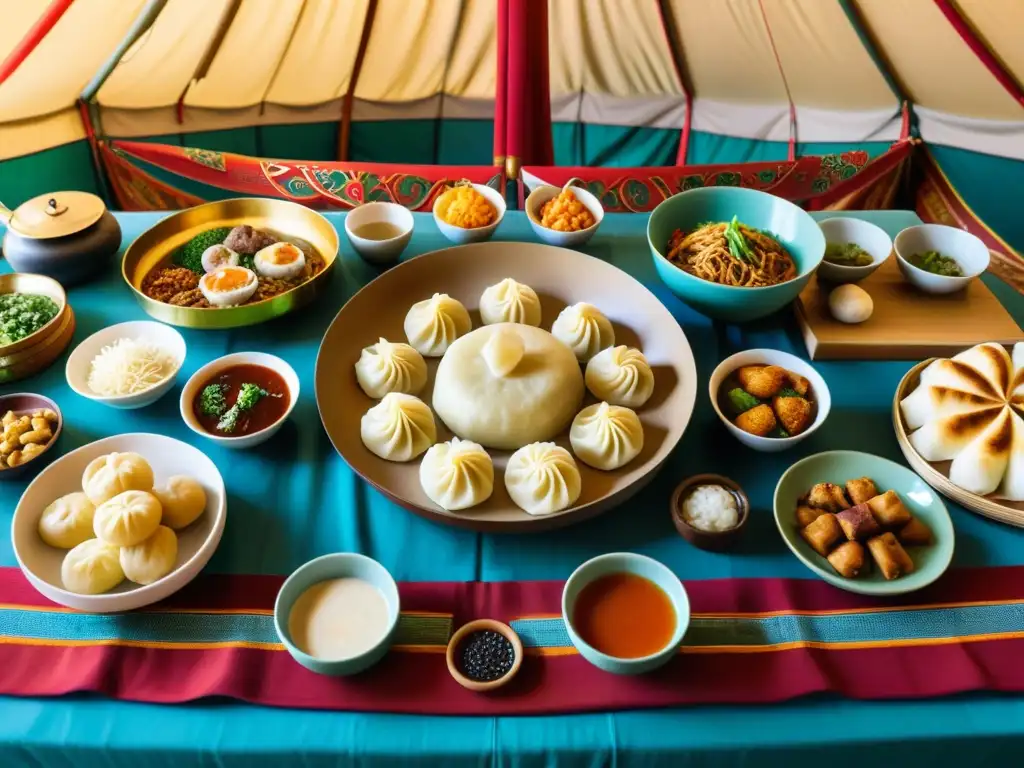 Una mesa decorada con platos tradicionales de la gastronomía mongola en un ger nomádico, rodeada por la vasta estepa mongola