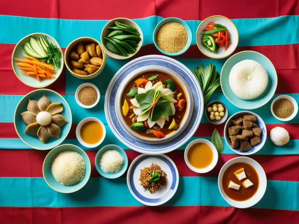 Una mesa llena de coloridas delicias de la gastronomía y cultura mongola en festividades tradicionales