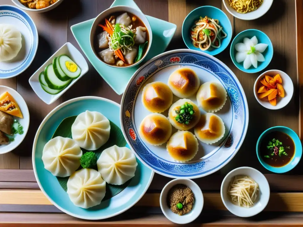 Una mesa de festín mongol con platos tradicionales de la gastronomía mongola, rodeada de gente vestida con atuendos tradicionales