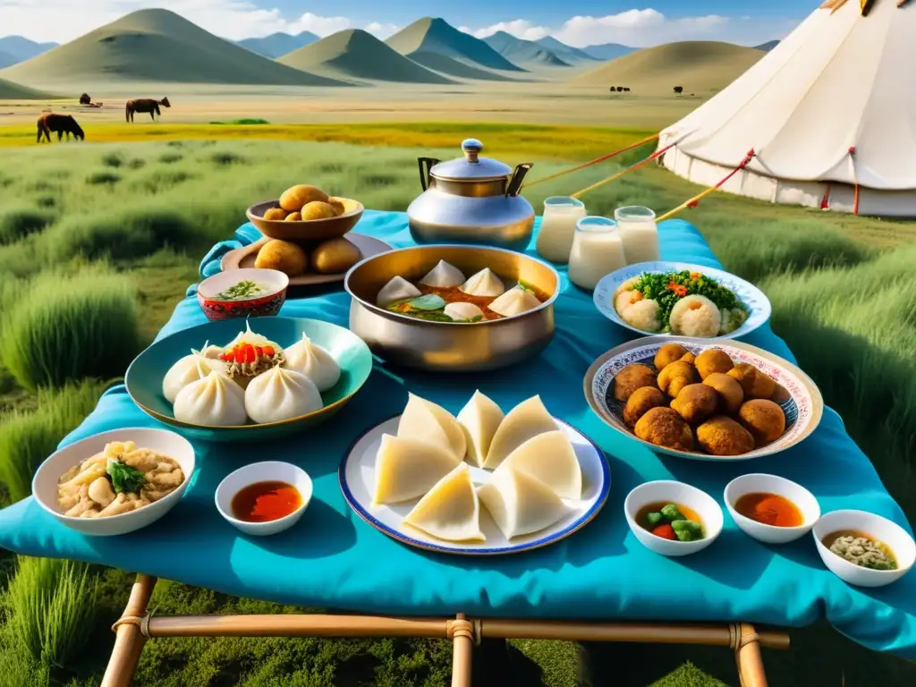 Una festín nómada mongol con mesa y platos ornamentados, paisaje de estepa y yurtas, muestra la gastronomía culinaria alimentación cultura mongola