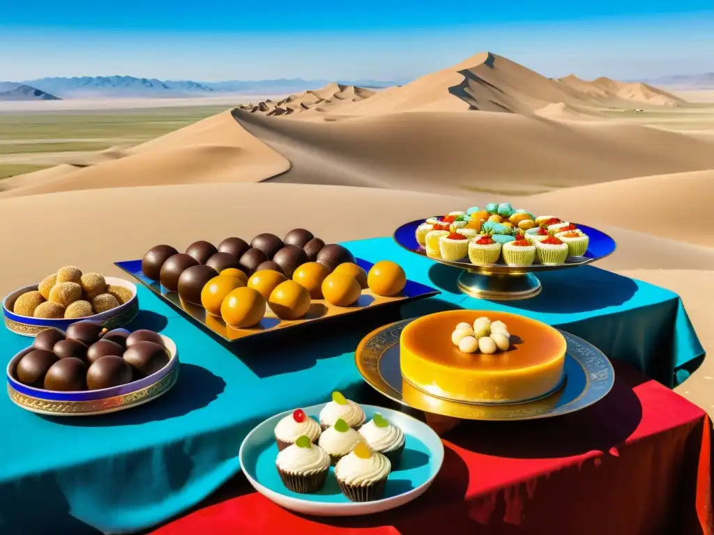 Una mesa de postres mongola tradicional con dulces coloridos y elaborados, en el desierto mongol