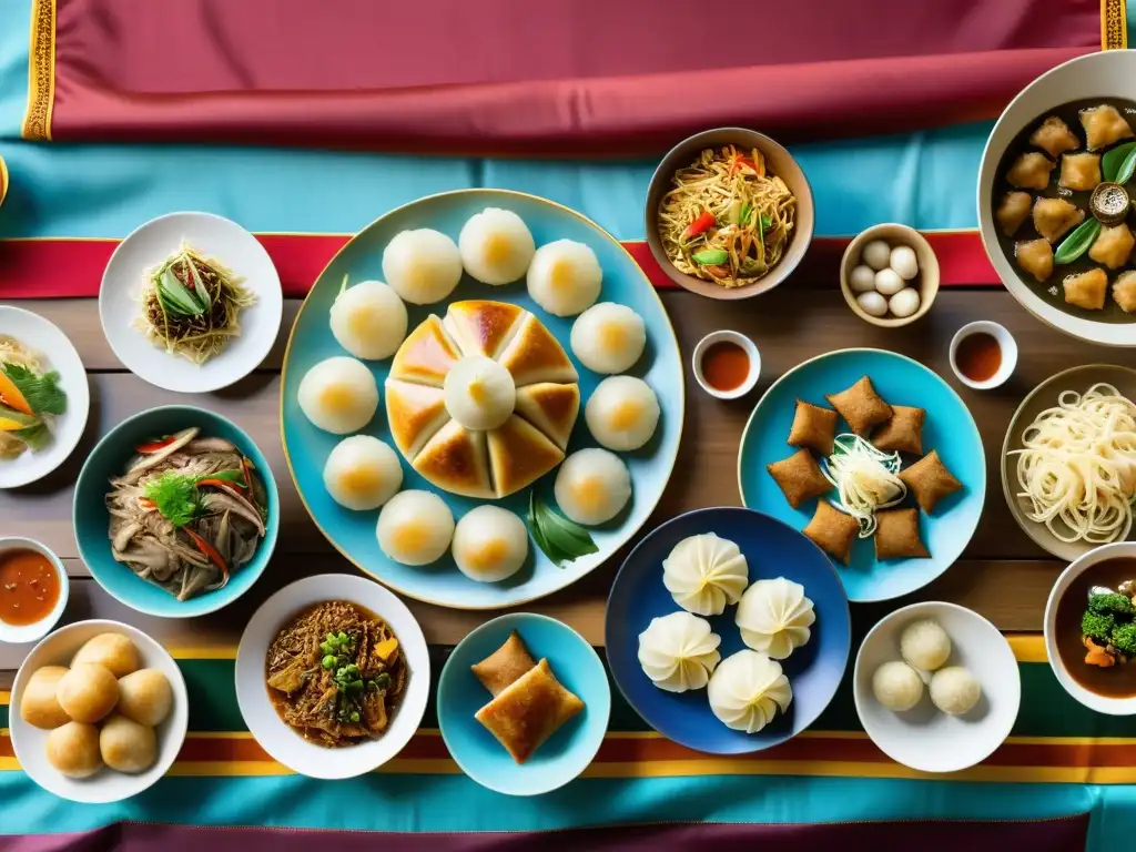 Una mesa repleta de delicias de la gastronomía culinaria y la cultura mongola, rodeada de coloridas vestimentas tradicionales