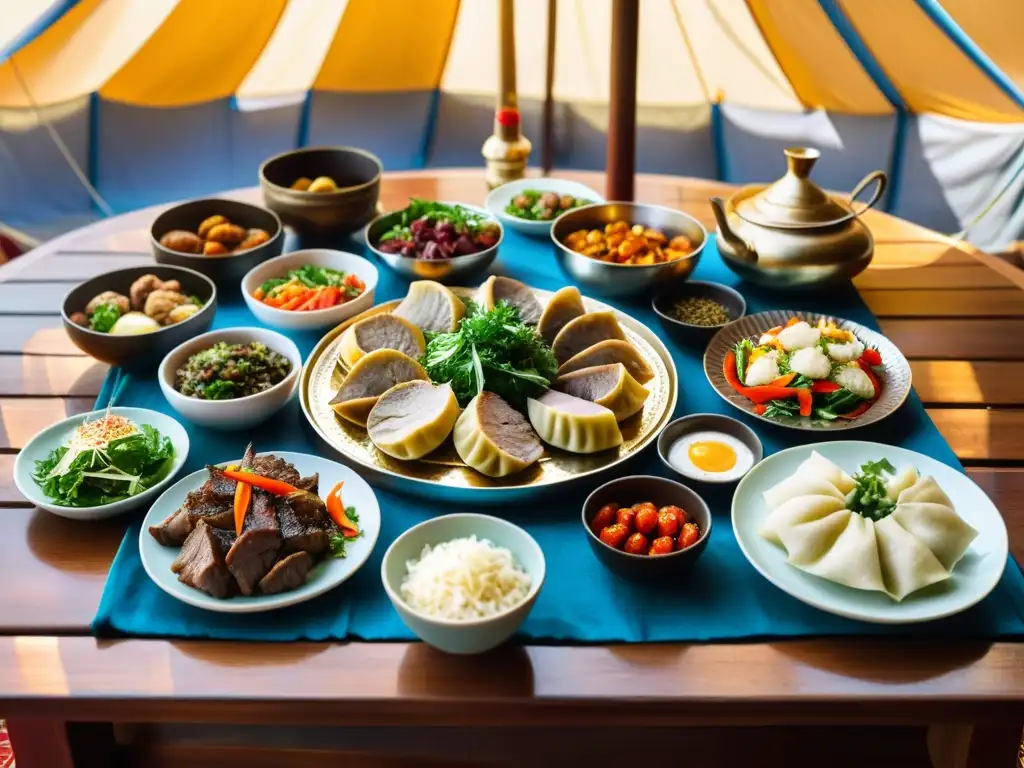 Una mesa de festín mongol tradicional en una tienda nómada, con platos suculentos y coloridos