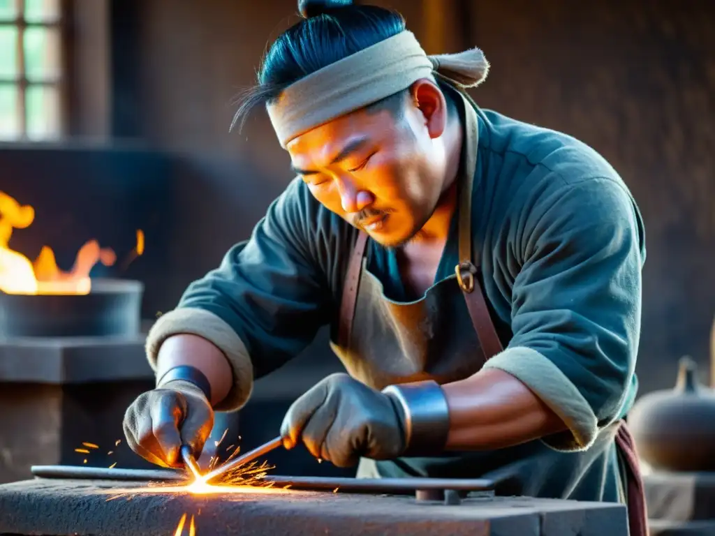 Un hábil herrero mongol moldea metal fundido con técnicas tradicionales en una fragua iluminada por chispas