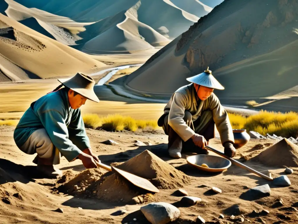 Mineros sostenibles en el Imperio Mongol trabajan en paisaje montañoso, extrayendo recursos con herramientas tradicionales