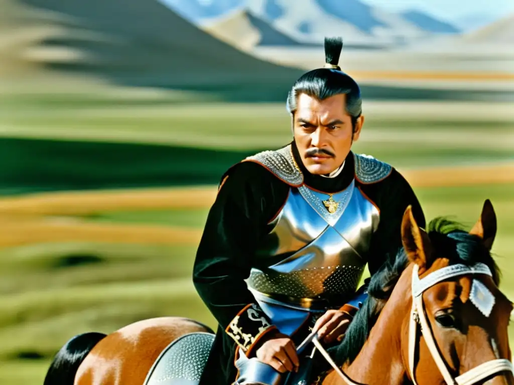 Omar Sharif en 'Genghis Khan' (1965), con una mirada intensa a caballo en las estepas mongoles