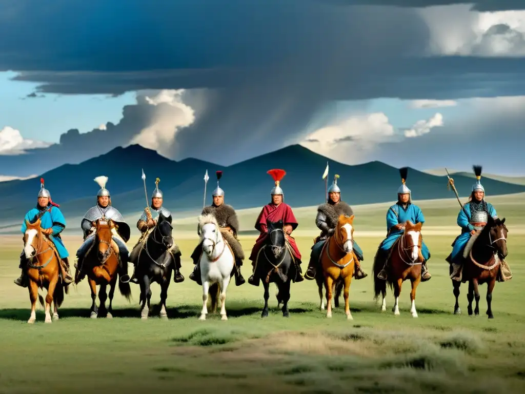 Un misionero cristiano se enfrenta a guerreros mongoles a caballo en la estepa, representando la religión en el Imperio Mongol