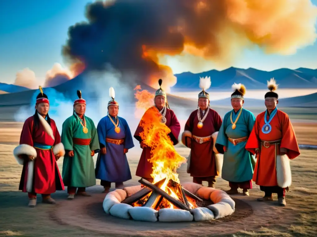 Místico ritual de chamanes mongoles danzando alrededor del fuego sagrado en la estepa, capturando la esencia del chamanismo en el Imperio Mongol