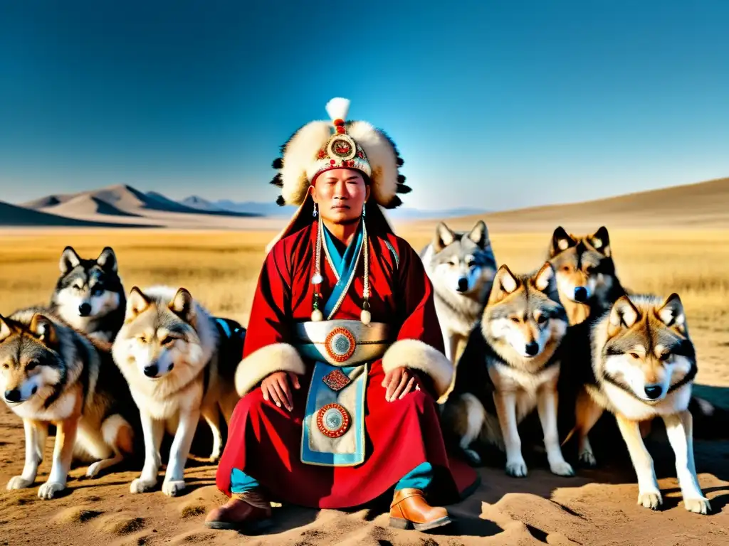 Un místico ritual mongol con lobos, revelando la conexión espiritual entre la cultura mongola y los mitos de lobos