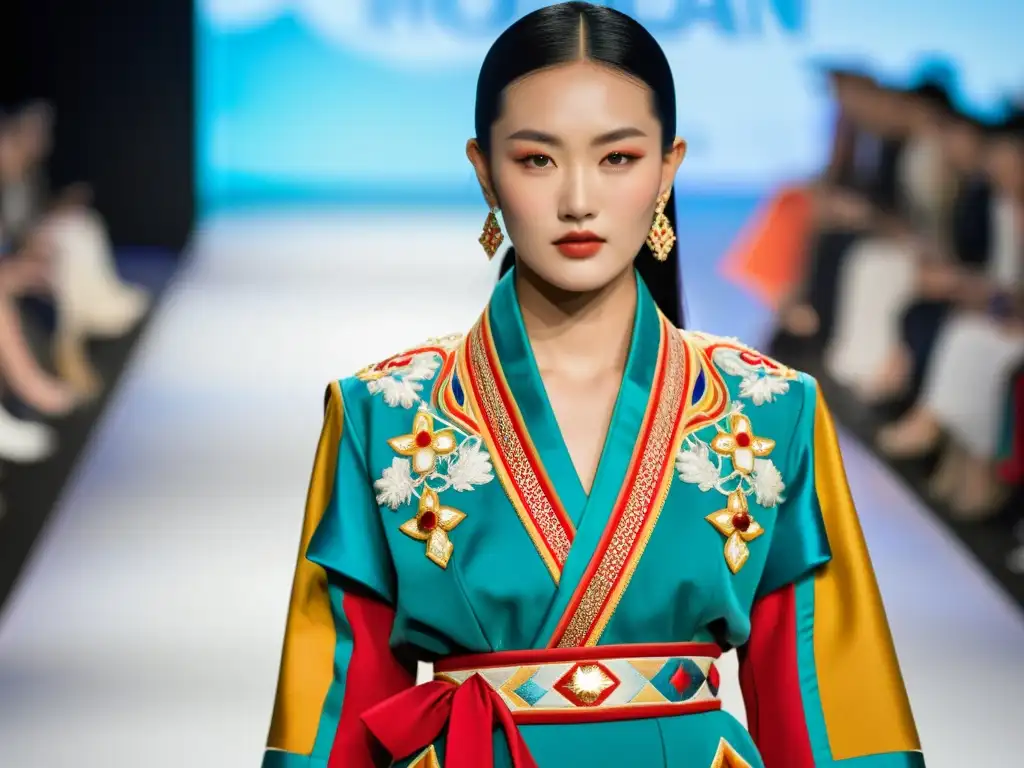 Una modelo luce un deel tradicional mongol en una pasarela internacional, fusionando moda y tradición, con vibrantes colores y bordados detallados