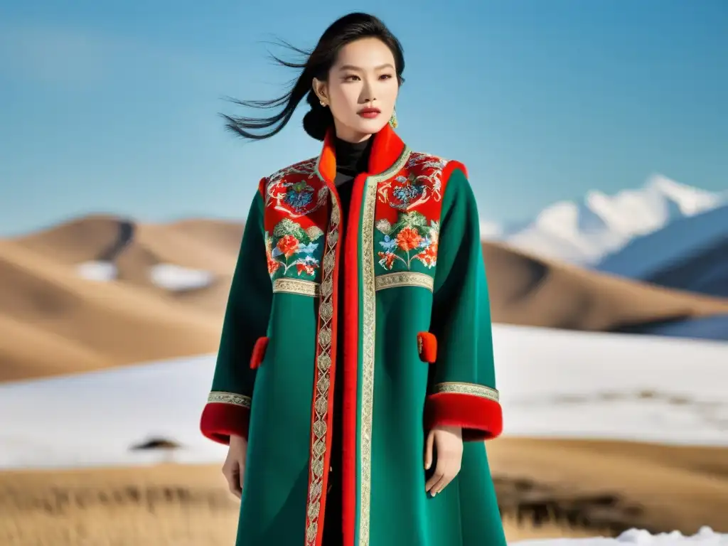 Una modelo lleva un lujoso abrigo de invierno inspirado en la moda mongola, con patrones y colores vibrantes, contra un paisaje nevado de Mongolia