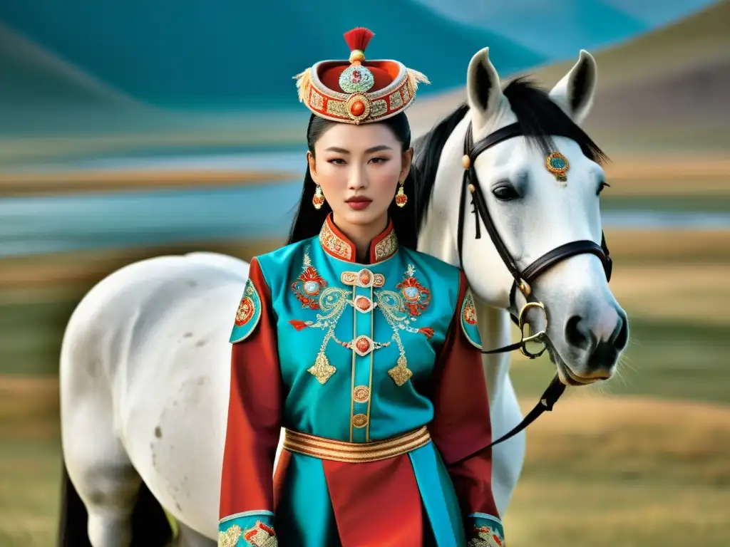 Modelo de moda mongola con traje ecuestre tradicional, en las estepas de Mongolia con un majestuoso caballo