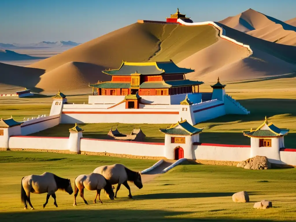 Monasterio Erdene Zuu al atardecer, reflejando el patronazgo budista en el Imperio Mongol con sus oraciones y arquitectura serena