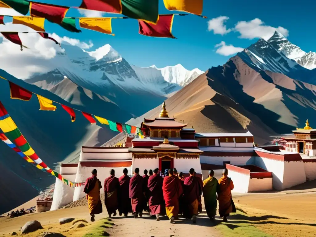 Monasterio de Sakya en el Himalaya, con banderas de oración y monjes tibetanos