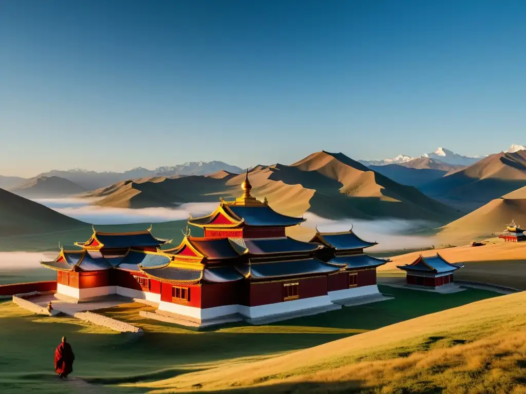 Monasterio de Baldan Bereeven en Mongolia, al amanecer, con detalles arquitectónicos y paisaje tranquilo, monjes en rituales diarios