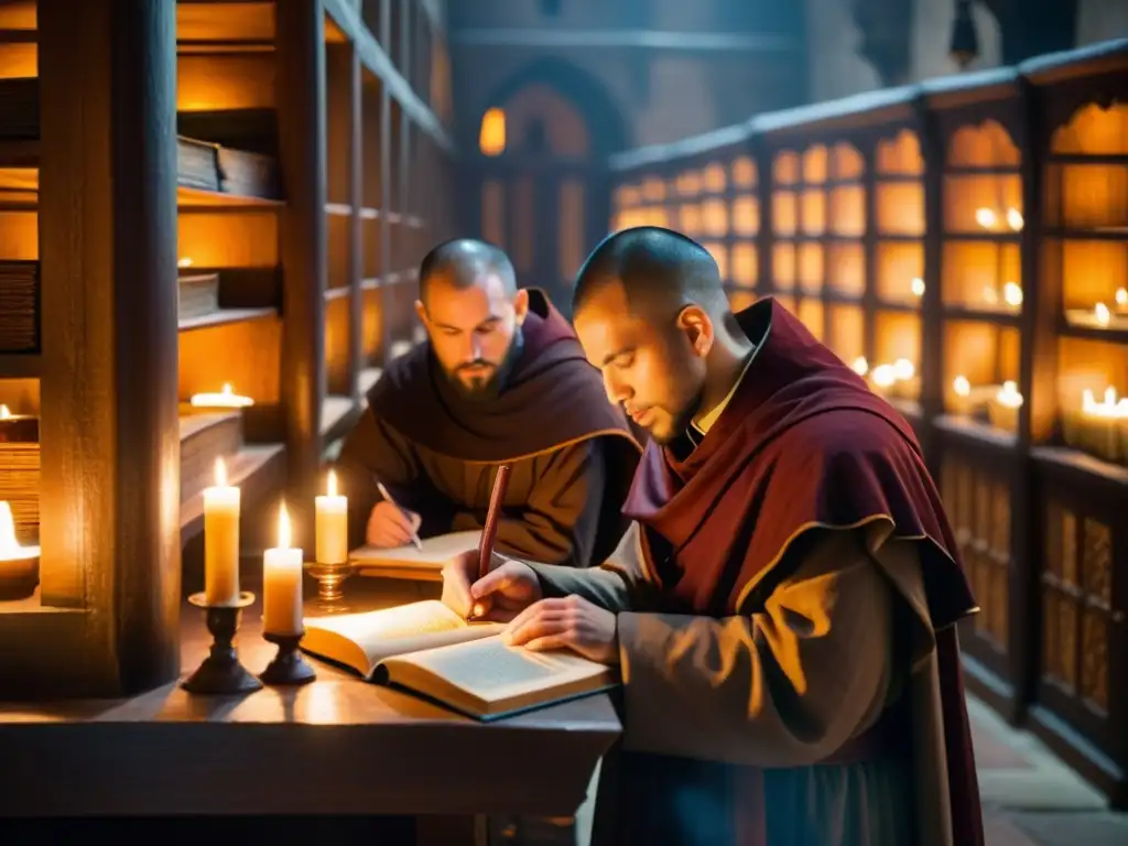 Un monasterio medieval iluminado por velas, donde monjes cristianos estudian textos antiguos