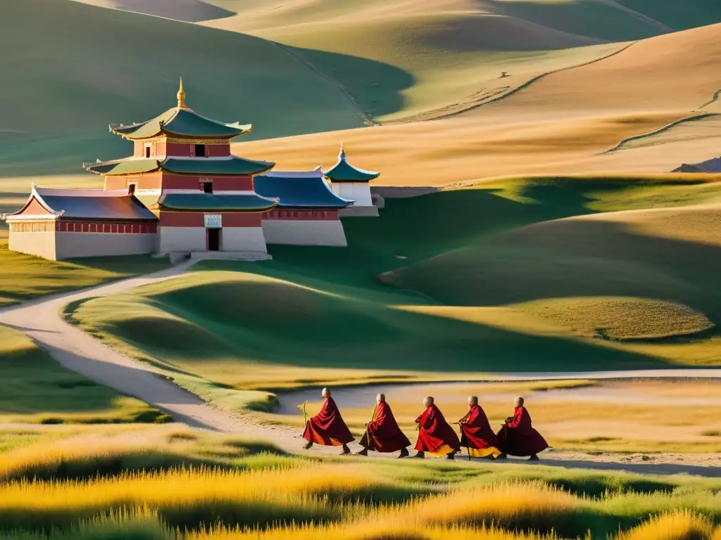 Monasterio Erdene Zuu en Mongolia: atardecer dorado ilumina la antigua arquitectura mientras monjes y caballos crean una escena serena y espiritual