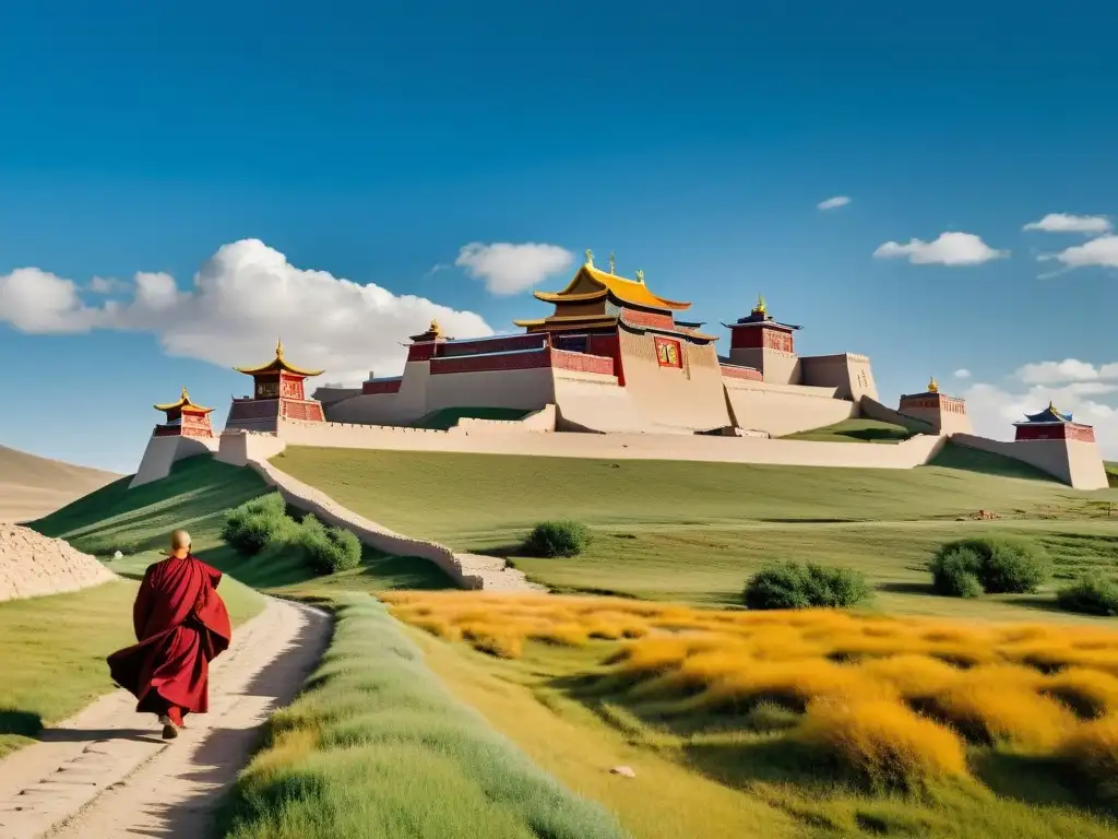 Monasterio Erdene Zuu rodeado por la influencia religiosa del Imperio Mongol, con monjes y banderas de oración en paisaje sereno